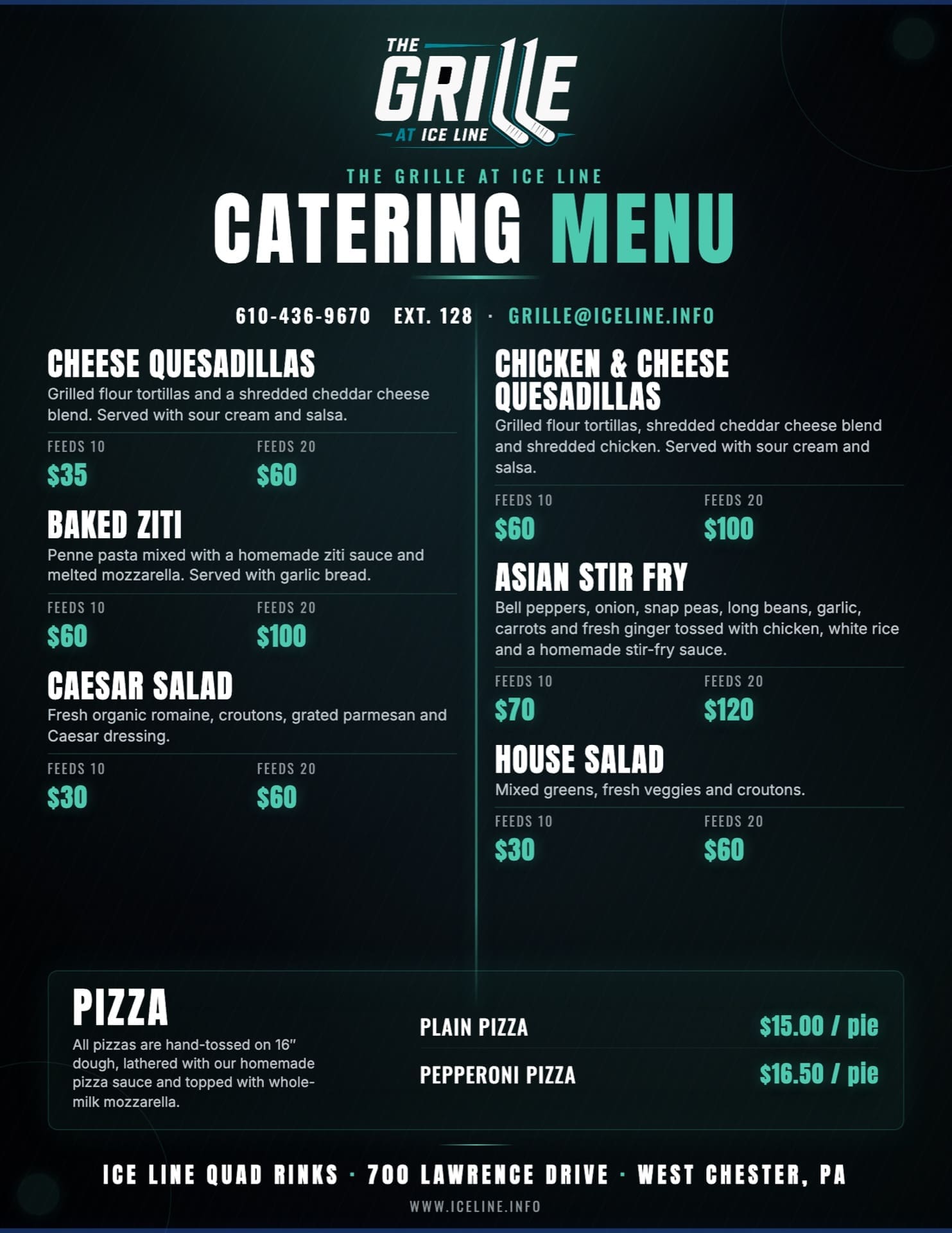 The Grille Catering Menu — Cheese Quesadillas, Baked Ziti, Caesar Salad, Chicken & Cheese Quesadillas, Asian Stir Fry, House Salad, and Pizza