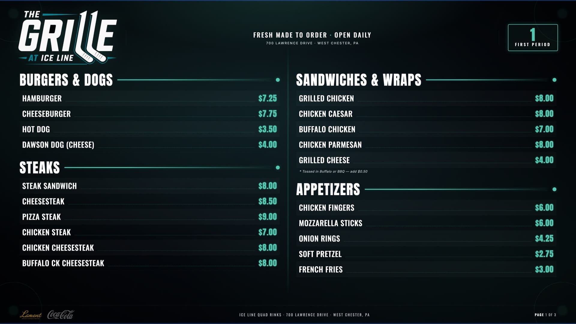 The Grille Menu — Page 1: Burgers, Sandwiches & Wraps, Steaks, Appetizers